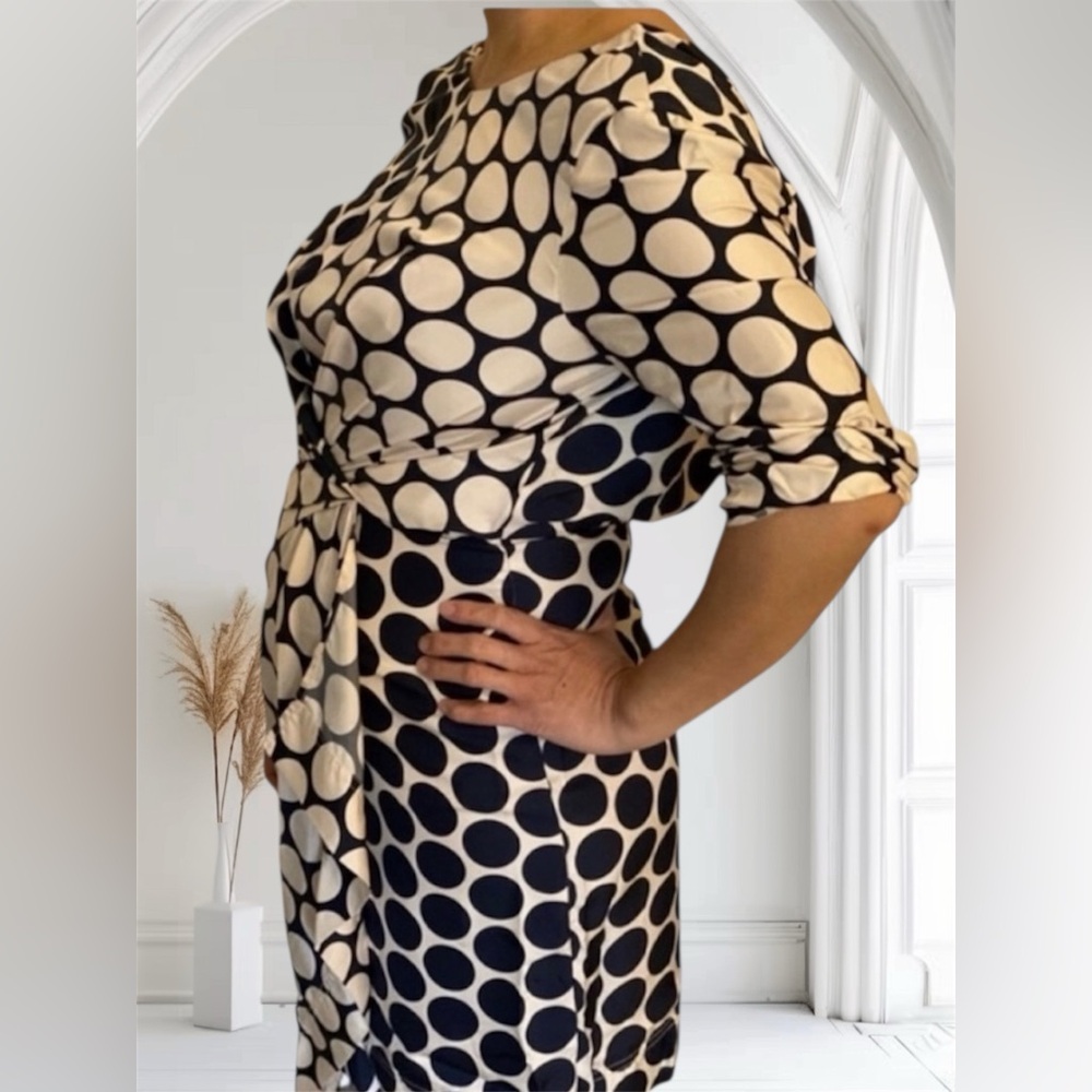 Jason Wu Grey Collection Blue Cream Circle Faux Wrap Dress size 10 fits like 8